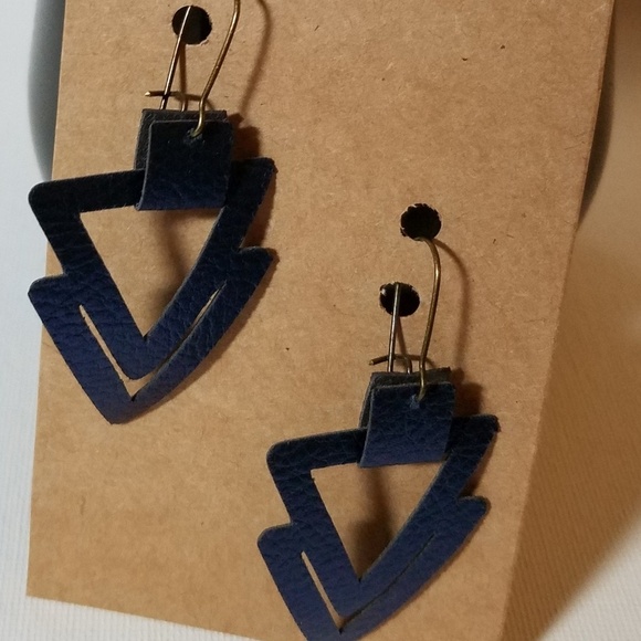 Pleather Drop Earrings Handmade Blue Triangle - Picture 2 of 3